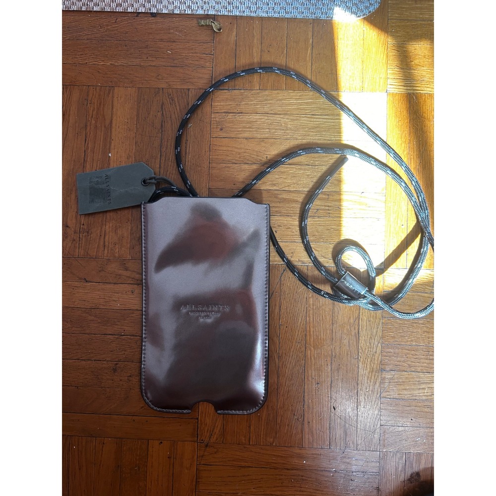 AllSaints Cybele‎ Phone Holder Unisex OS Pewter NEW Leather Neck Strap WR342X
